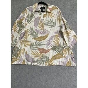 Tahari Linen Colorful Leaves Tropic Side Button Summer Tunic Top Women's Plus 1X